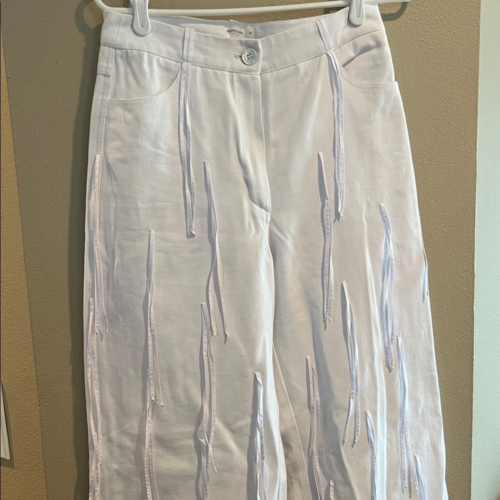 SHYPELYK white wide leg jeans with white fringe detail size medium or 29”